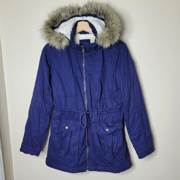 Gap Winter Parka Coat Navy Blue Faux Fur Hood Size S Sherpa Jacket - Picture 2 of 9